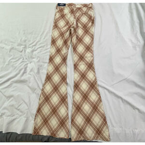 NWT Hollister High-Rise Retro Flare Plaid Pants Women's Size XS Cream and Brown